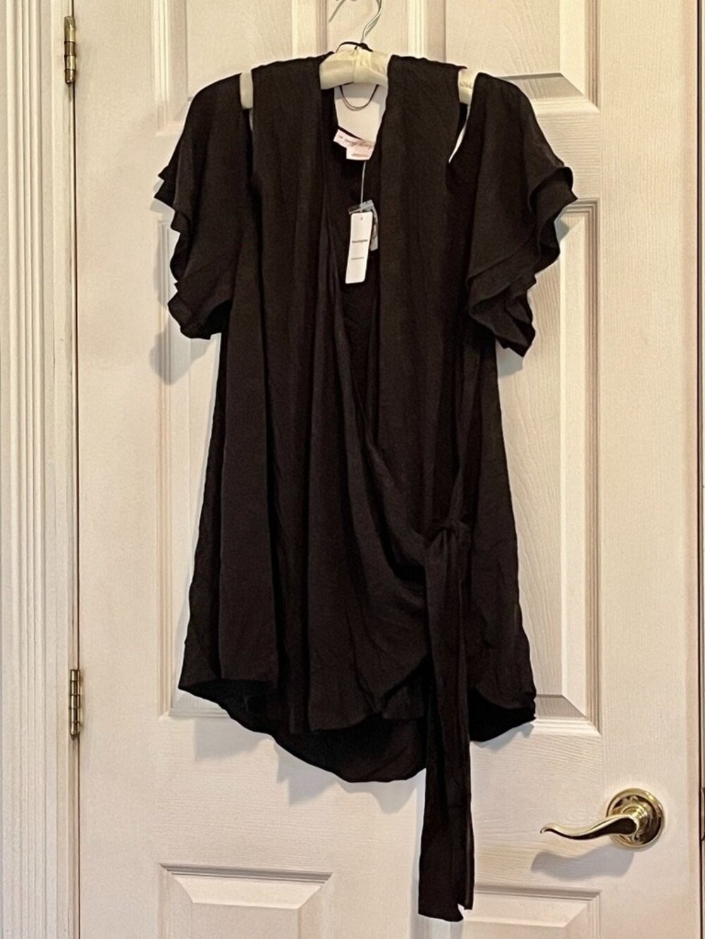 Black satin-feel cold shoulder wrap blouse NWT